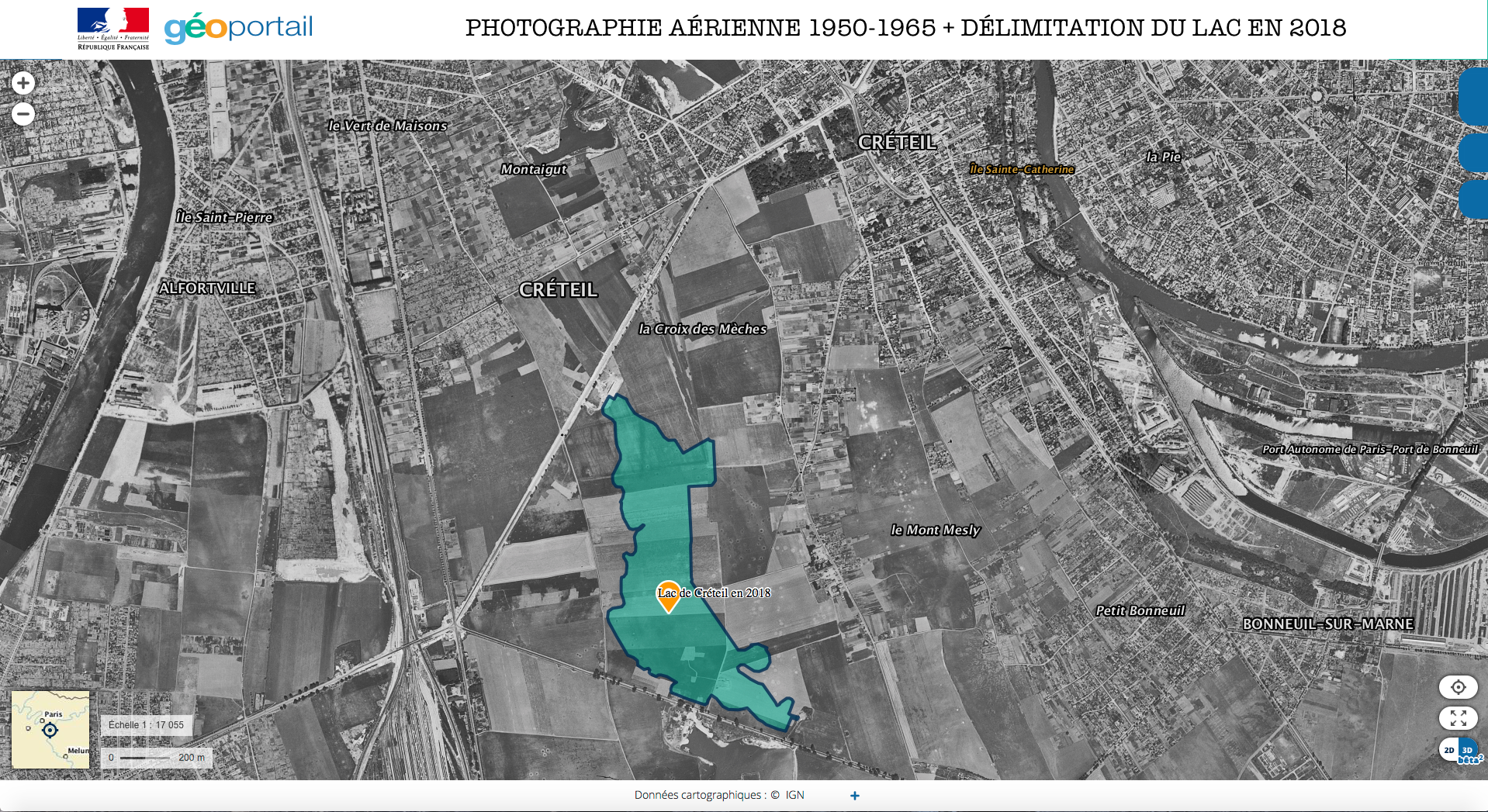 PHOTOGRAPHIE AÉRIENNE 1950-1965 + DÉLIMITATION DU LAC EN 2018