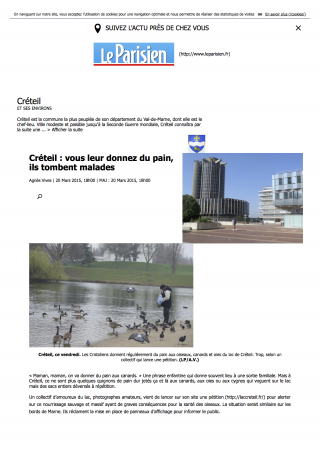 Article sur internet - Le PARISIEN 20 mars 2015 "Créteil : vous leur donnez du pain, ils tombent malades"